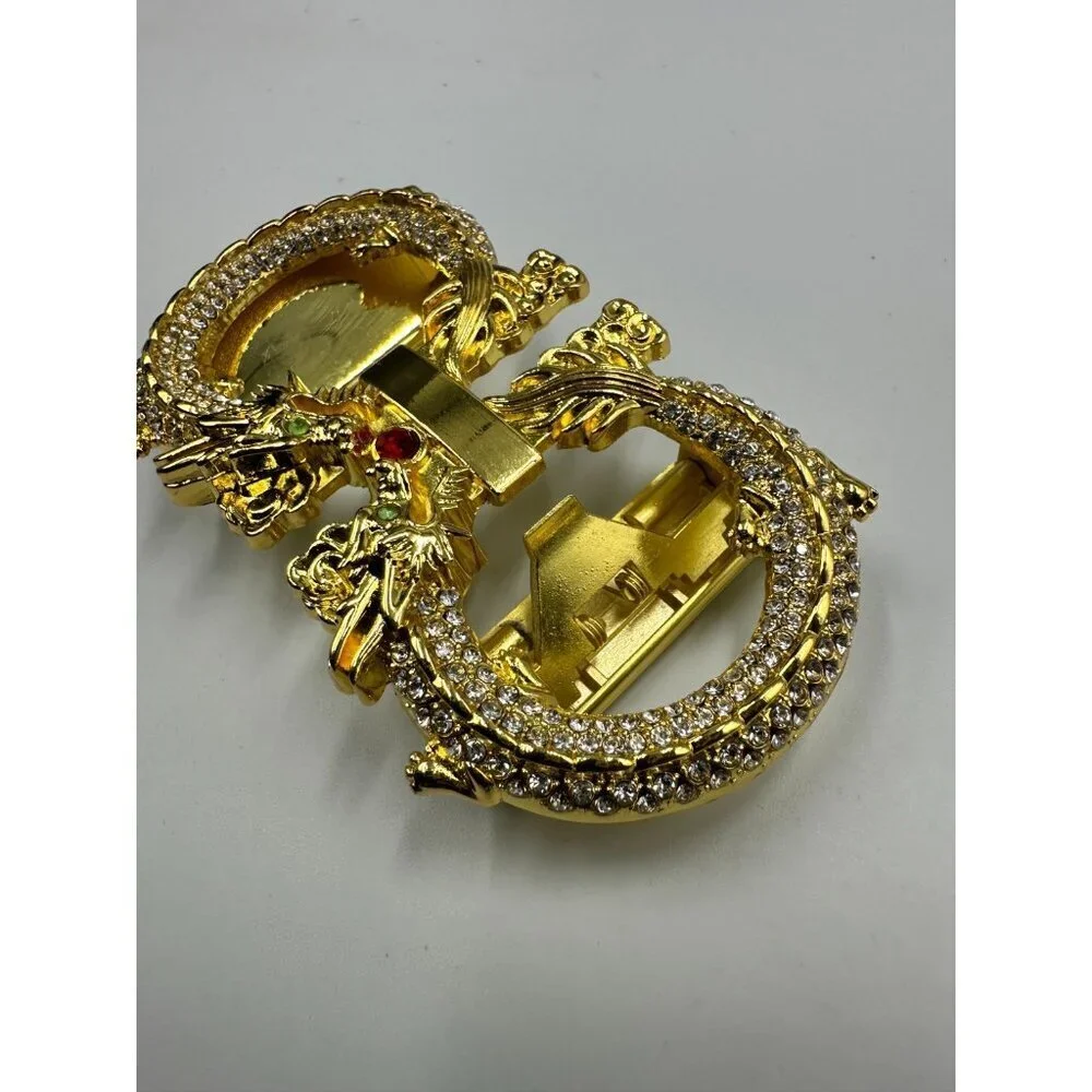 Dragon Rhinestone Ratchet Belt Buckle Gold Tone Automatic Slide Fantasy